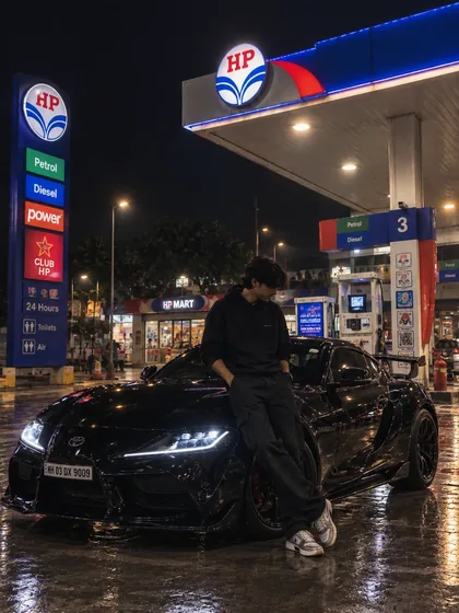 Black Car Night Petrol Pump AI Photo Prompt for Boys — AI photo prompt example