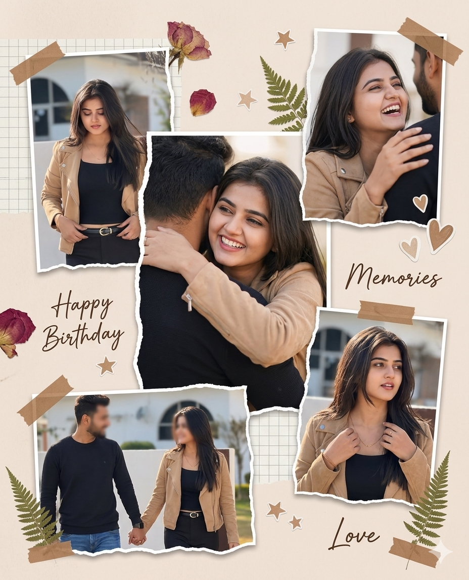 Modern aesthetic photo collage Birthday AI Photo Prompt for Couple