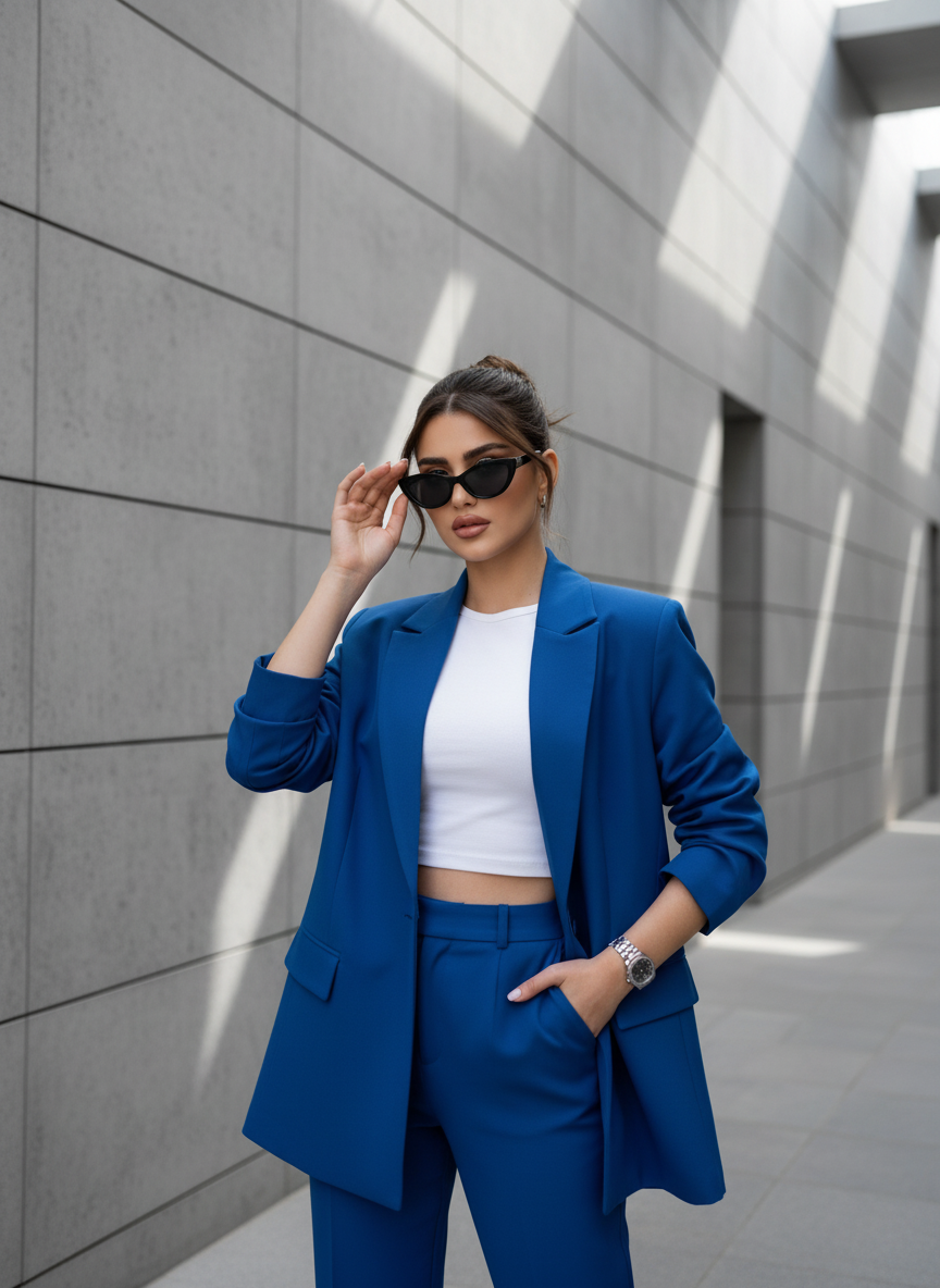 Urban Elegance: Blue Power Suit Confidence