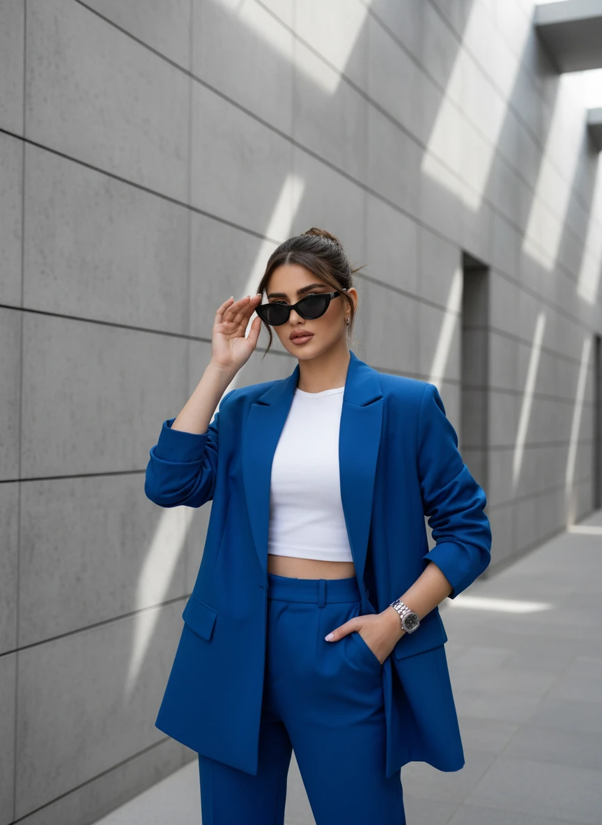Urban Elegance: Blue Power Suit Confidence