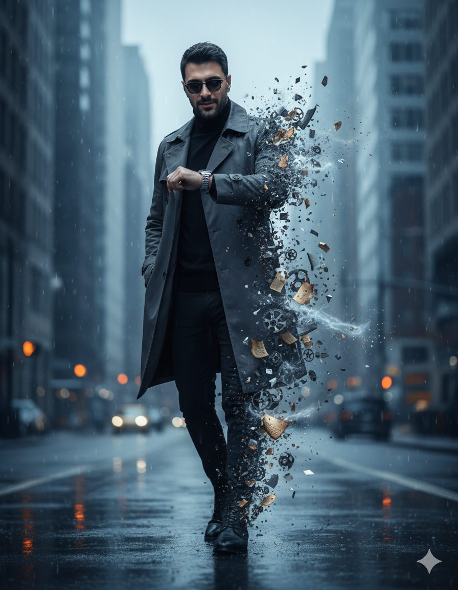 Dissolving Into Time Cinematic AI Photo Prompt for Boys