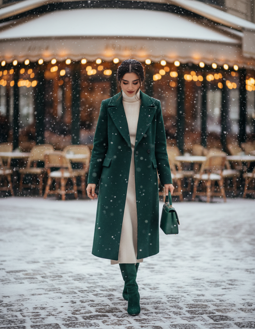 Emerald Winter Stroll Travel AI Photo Prompt for Girls