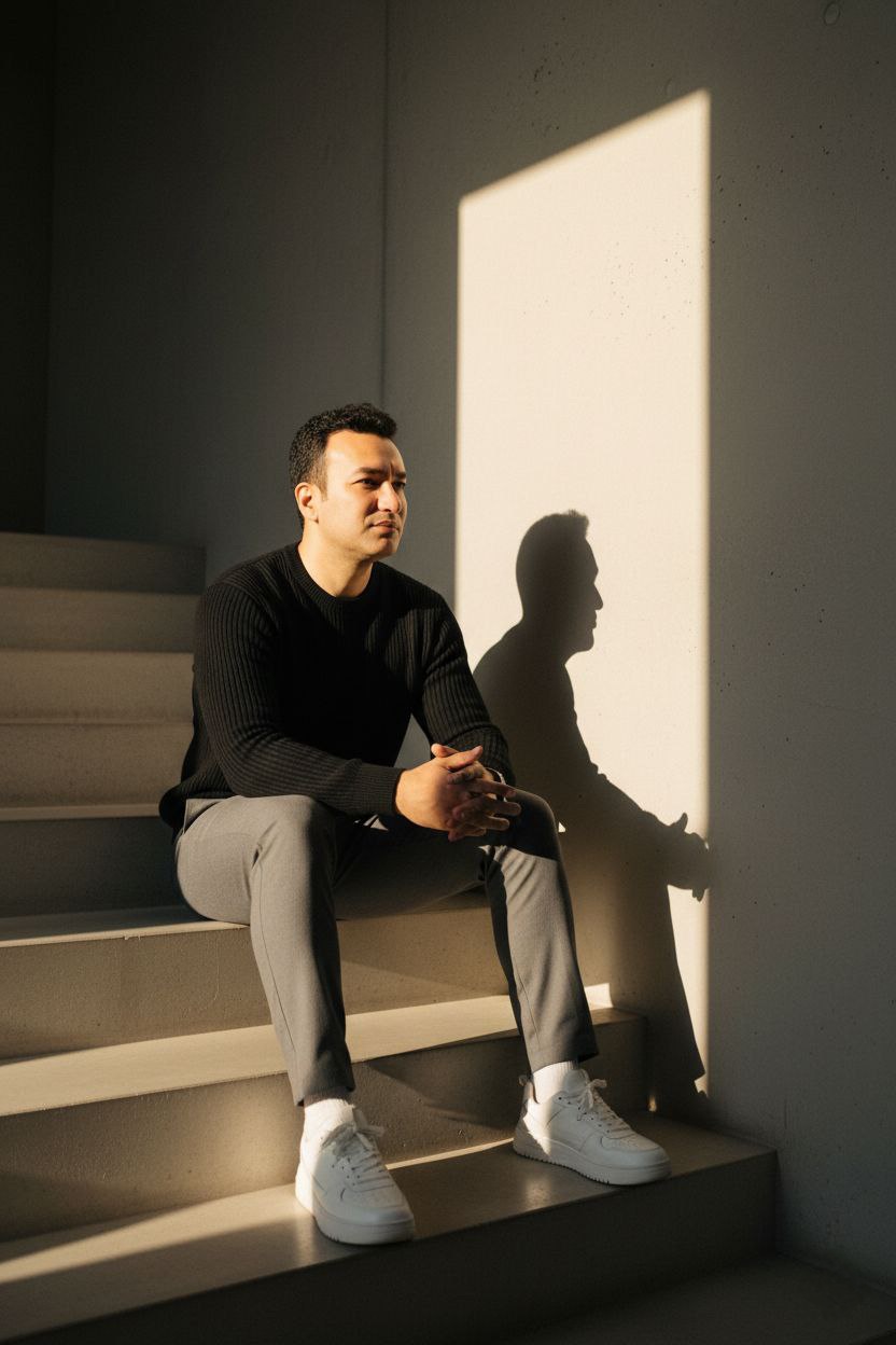 On the stairs Aesthetic AI Photo Prompt for Boys