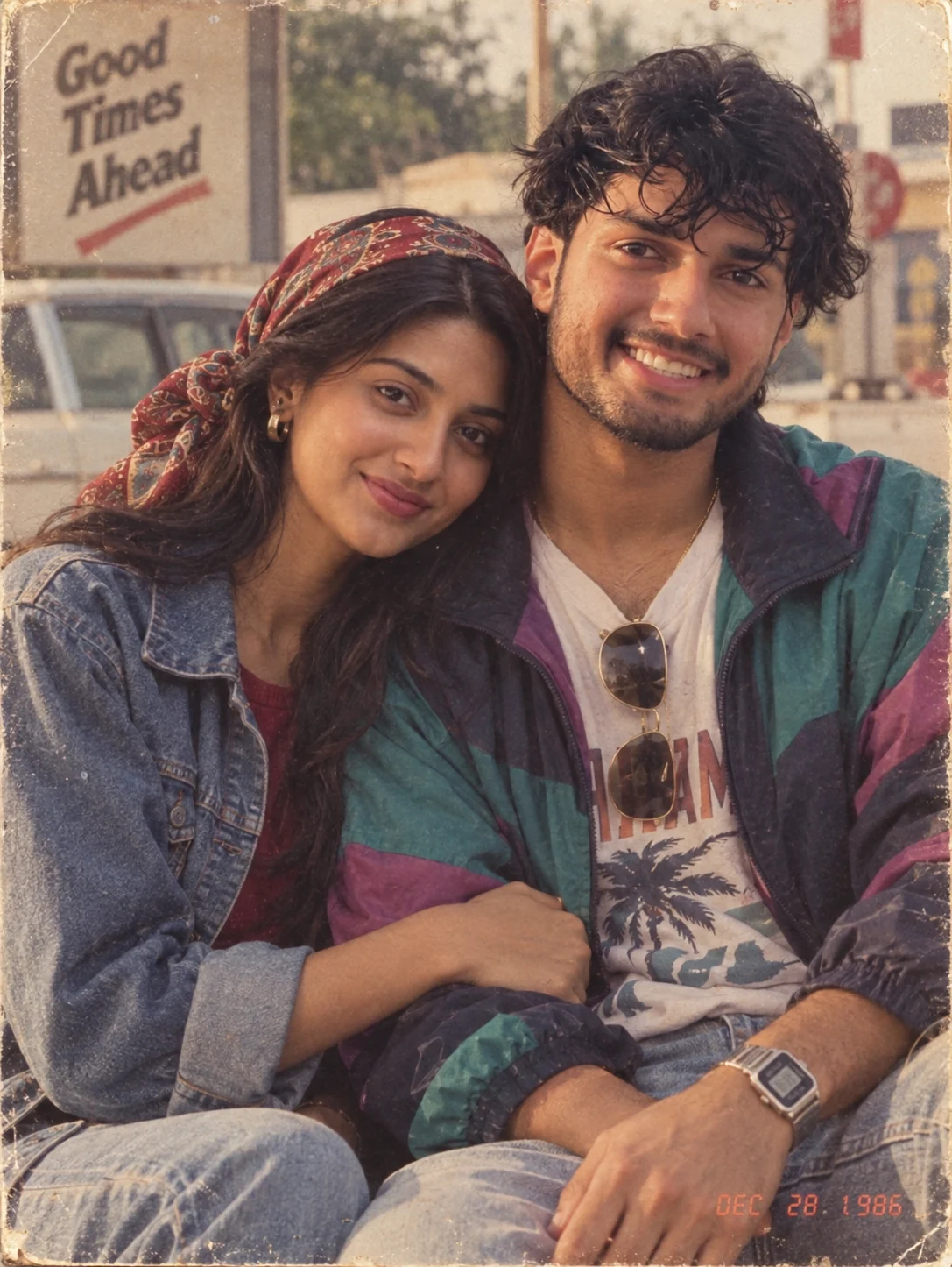 80s Scarf Look AI Photo Prompt for Couple — AI photo prompt example
