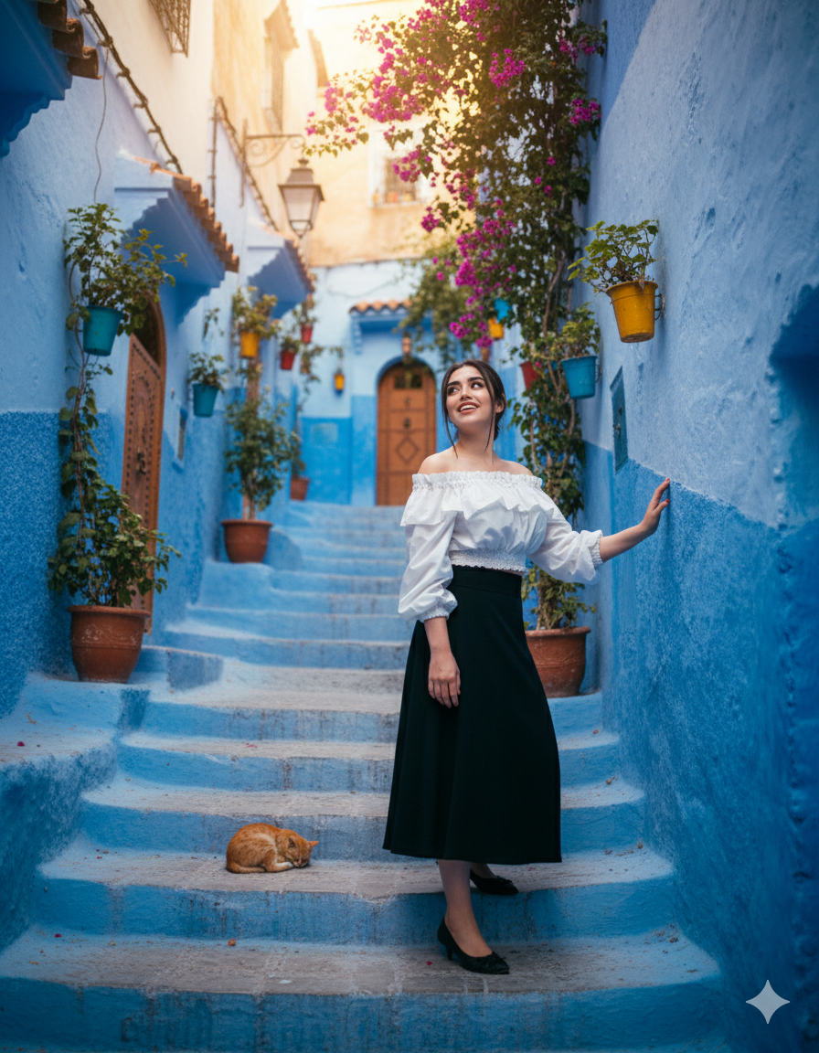 Blue Dreams of Morocco 🇲🇦 Travel AI Photo Prompt for Girls