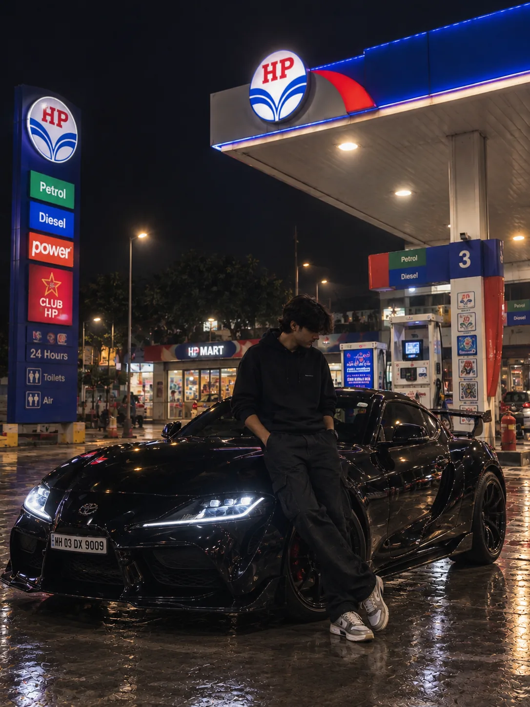 Black Car Night Petrol Pump AI Photo Prompt for Boys