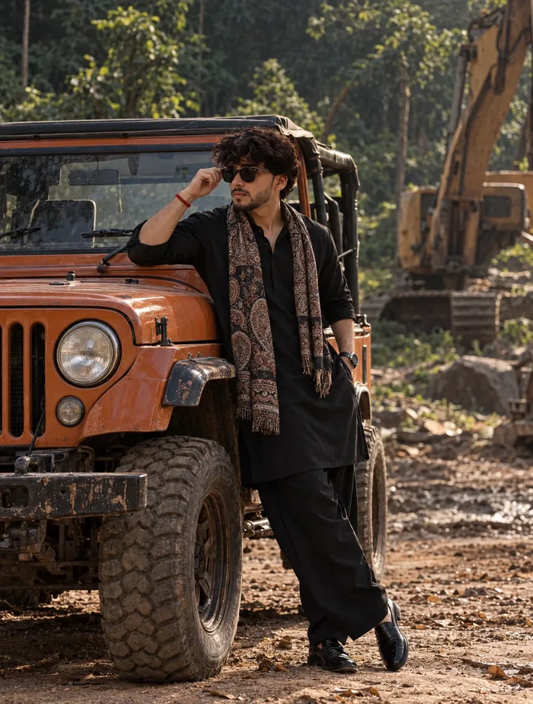 photo prompt — Black Kurta Jeep Car AI Photo Prompt for Boys