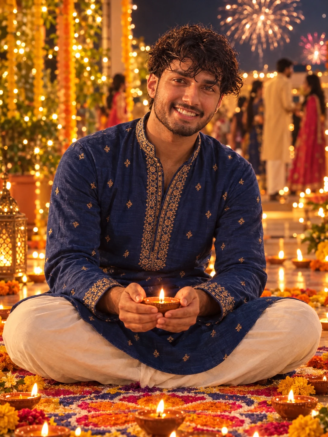 Boy Holding Diya on Rangoli Diwali AI Photo Prompt β AI photo prompt example