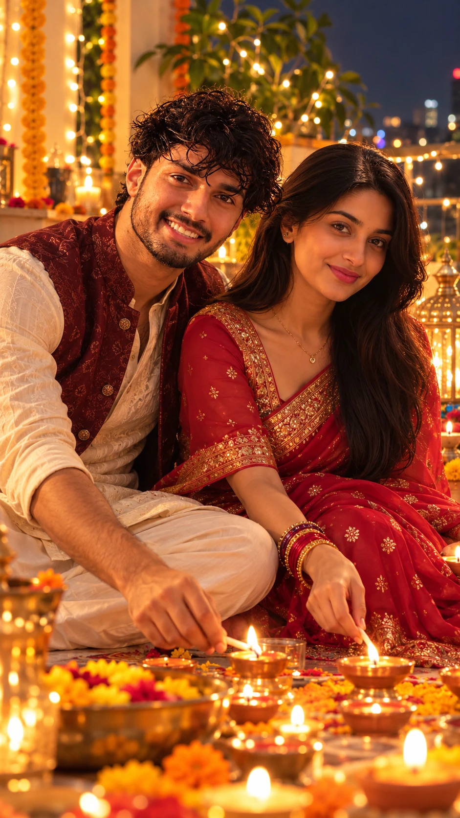 Couple Lighting Diyas Together Diwali AI Photo Prompt β AI photo prompt example