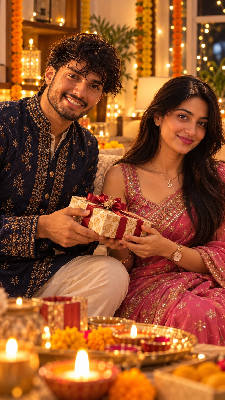 Diwali Gift Couple AI Photo Prompt in Sherwani and Saree β AI photo prompt example