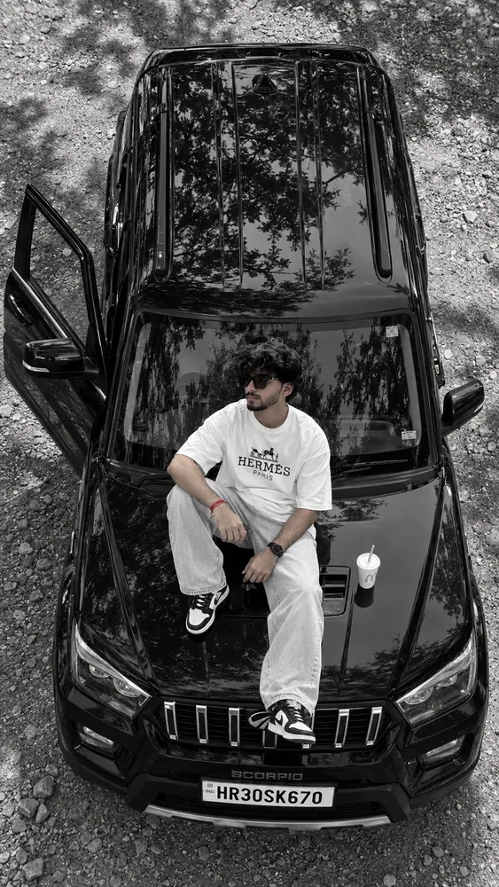 photo prompt — Drone View Scorpio Car AI Photo Prompt for Boys