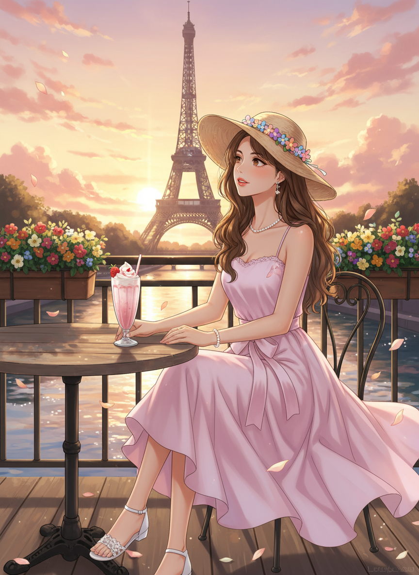 Golden Hour in Paris Cartoon AI Photo Prompt for Girls