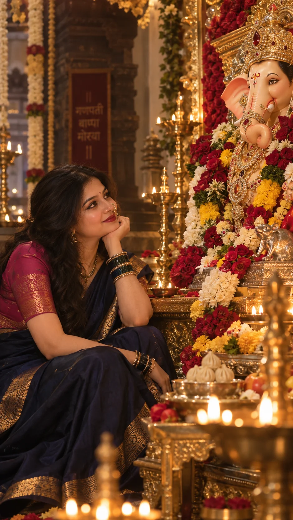 Ganpati AI Photo Prompt for Girls in Navy Saree — AI photo prompt example
