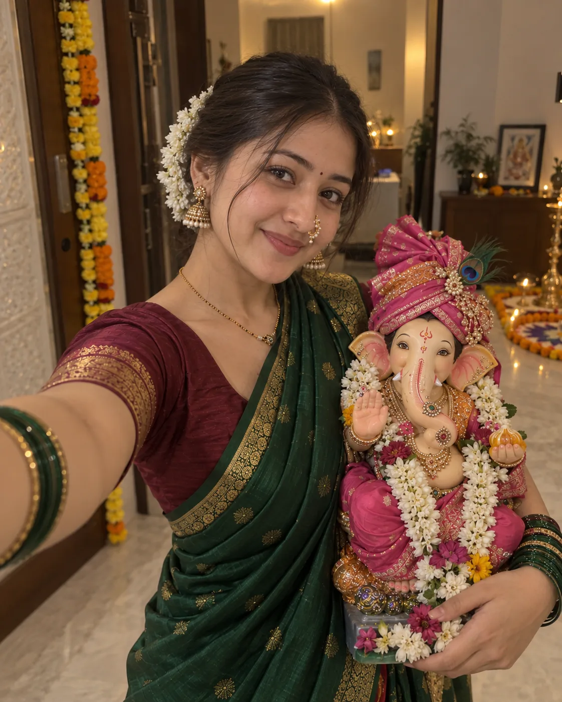 Ganpati Bappa Green Saree AI Photo Prompt for Girls — AI photo prompt example
