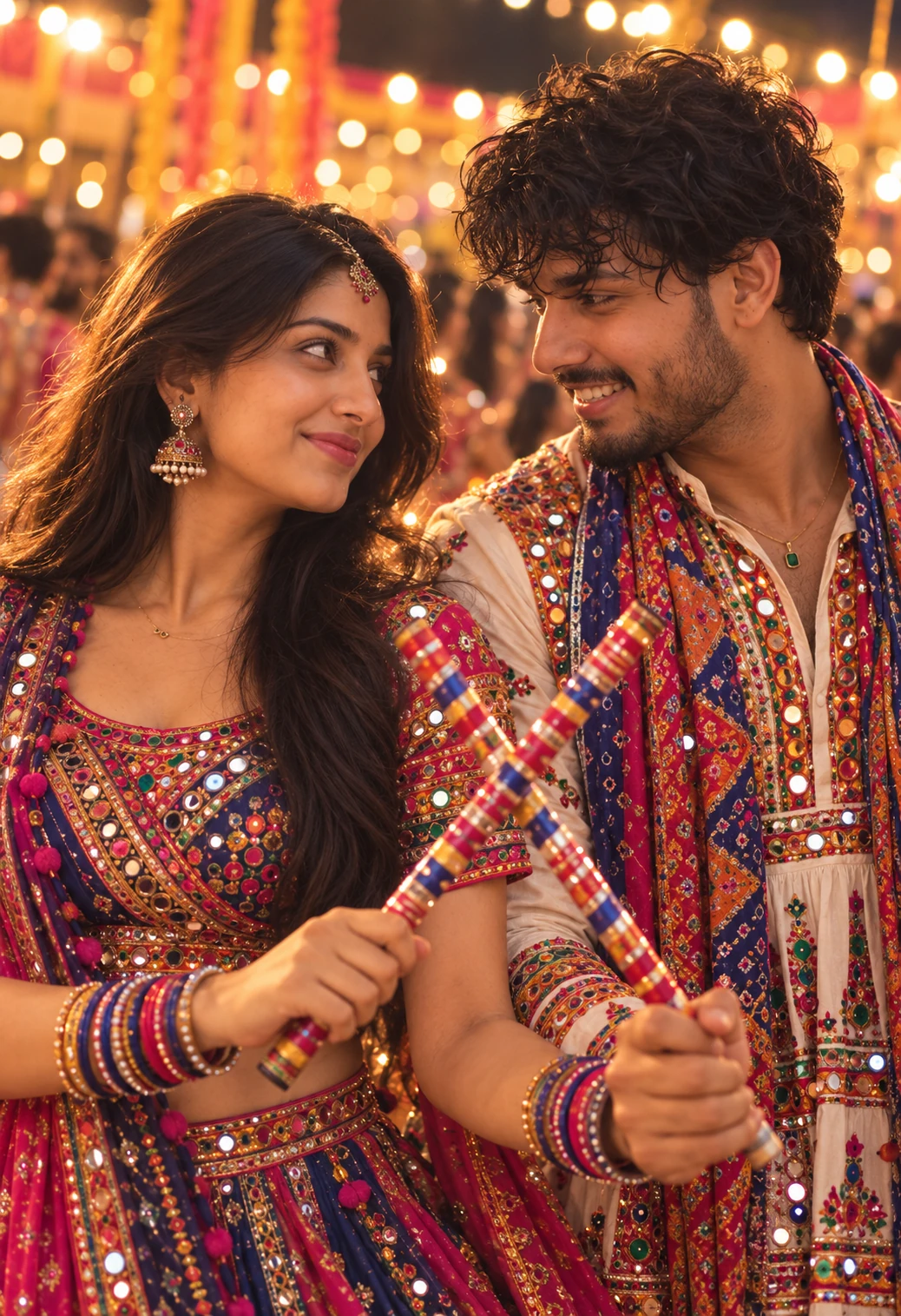 Navratri Garba Couple Playing Dandiya