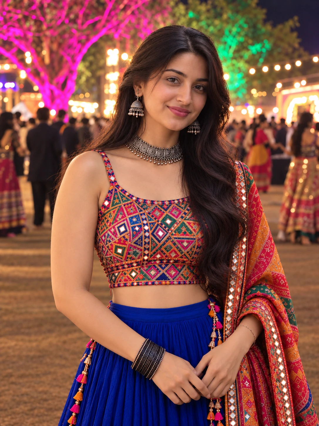 Navratri Glam Look in Royal Blue Lehenga photo prompt