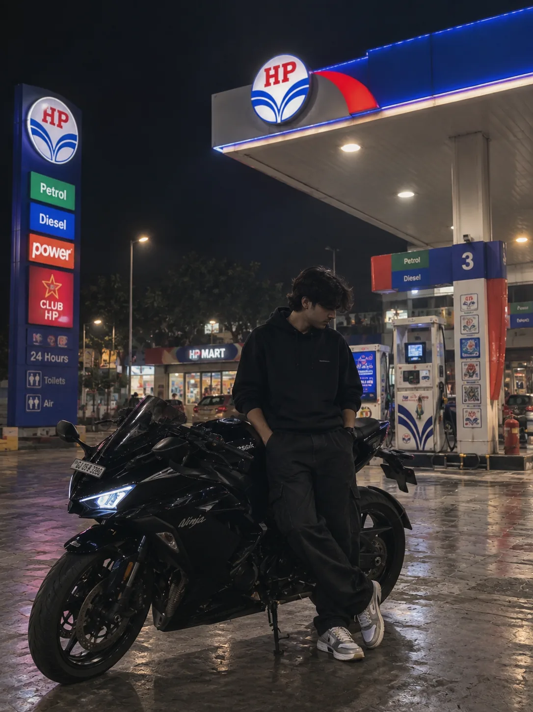 Night Bike Petrol Pump AI Photo Prompt for Boys