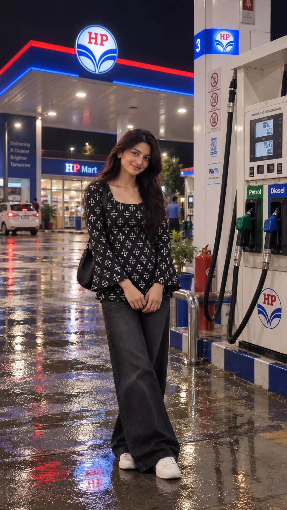Night Petrol Pump AI Photo Prompt for Girls — AI photo prompt example
