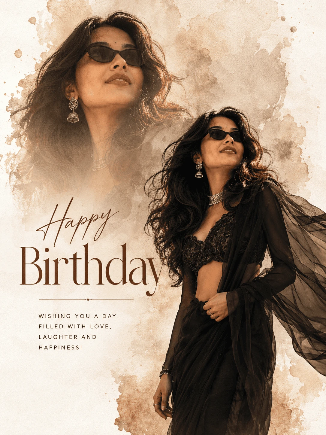 Luxury Birthday Poster AI Prompt Black Saree Editorial Style — AI photo prompt example