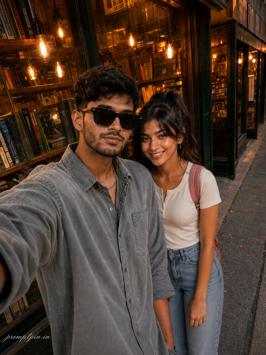 Cinematic Vintage Bookstore Couple Photo Prompt