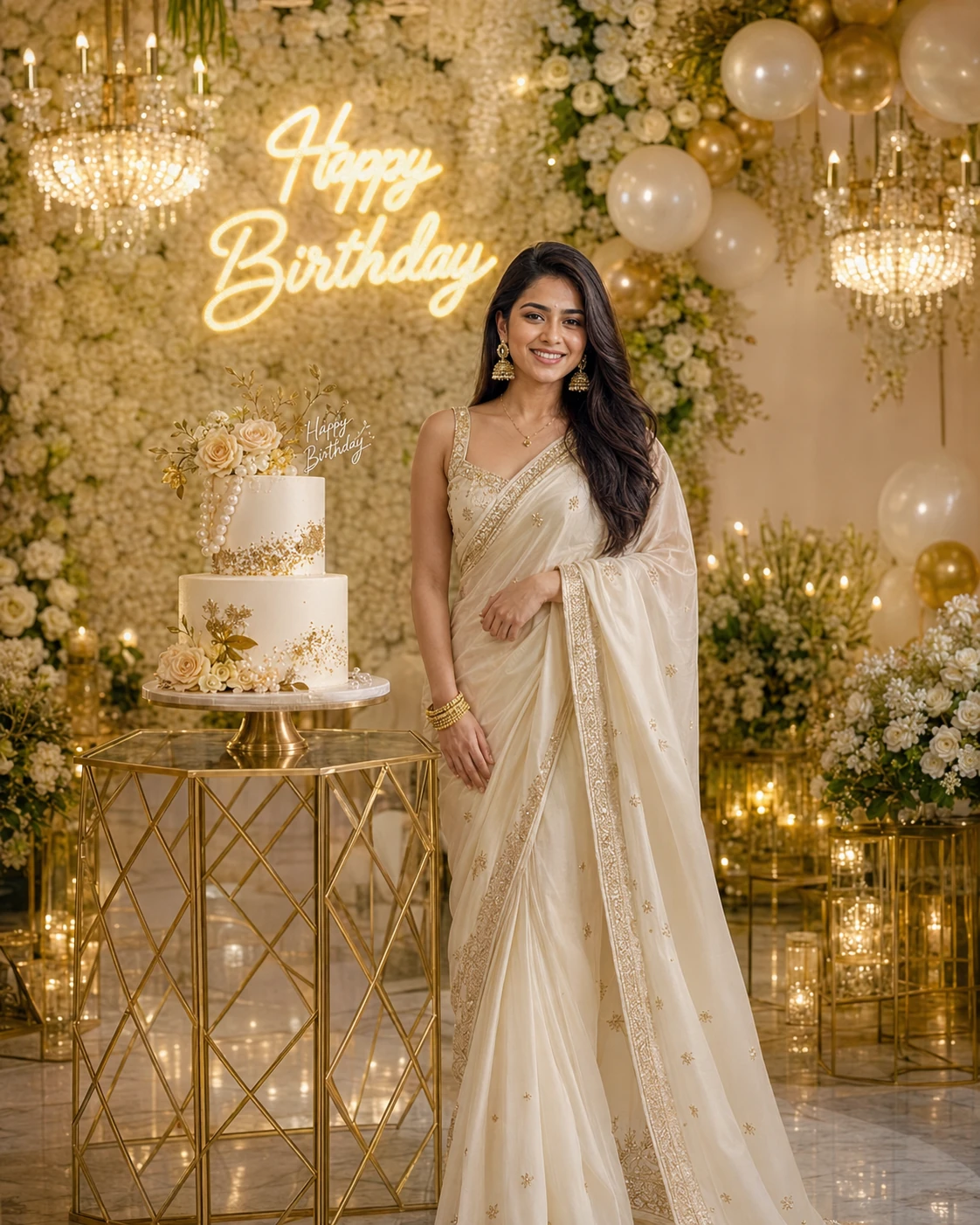 Luxury Birthday Saree Portrait AI Prompt